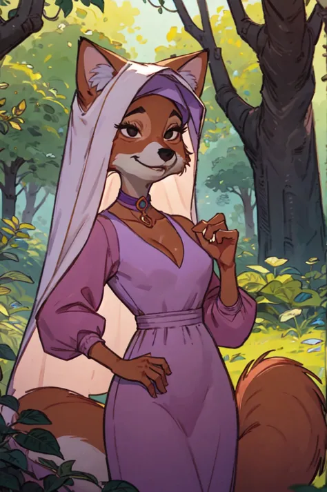 CARTOON_MaidMarian_ownwaifu, furry female fox, animal ears, black eyes, animal nose, orange fur, tail,veil,purple dress, long sl...