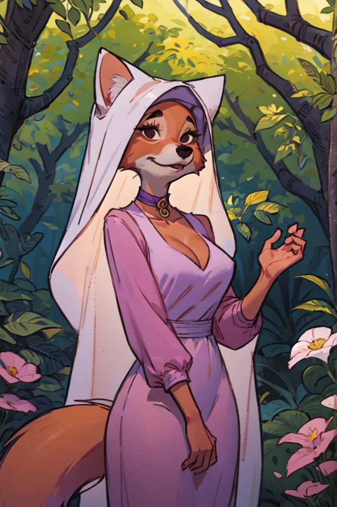 CARTOON_MaidMarian_ownwaifu, furry female fox, animal ears, black eyes, animal nose, orange fur, tail,veil,purple dress, long sleeves,choker, looking at viewer, serious, standing, outside, forest, natural lighting, high quality, masterpiece,  (satin cleavage)