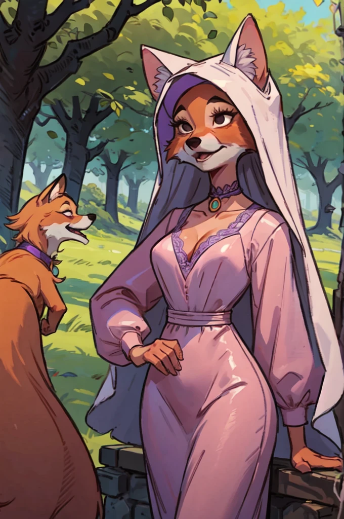 CARTOON_MaidMarian_ownwaifu, furry female fox, animal ears, black eyes, animal nose, orange fur, tail,veil,purple dress, long sleeves,choker, looking at viewer, serious, standing, outside, forest, natural lighting, high quality, masterpiece,  (satin lace cleavage), ((sexy))