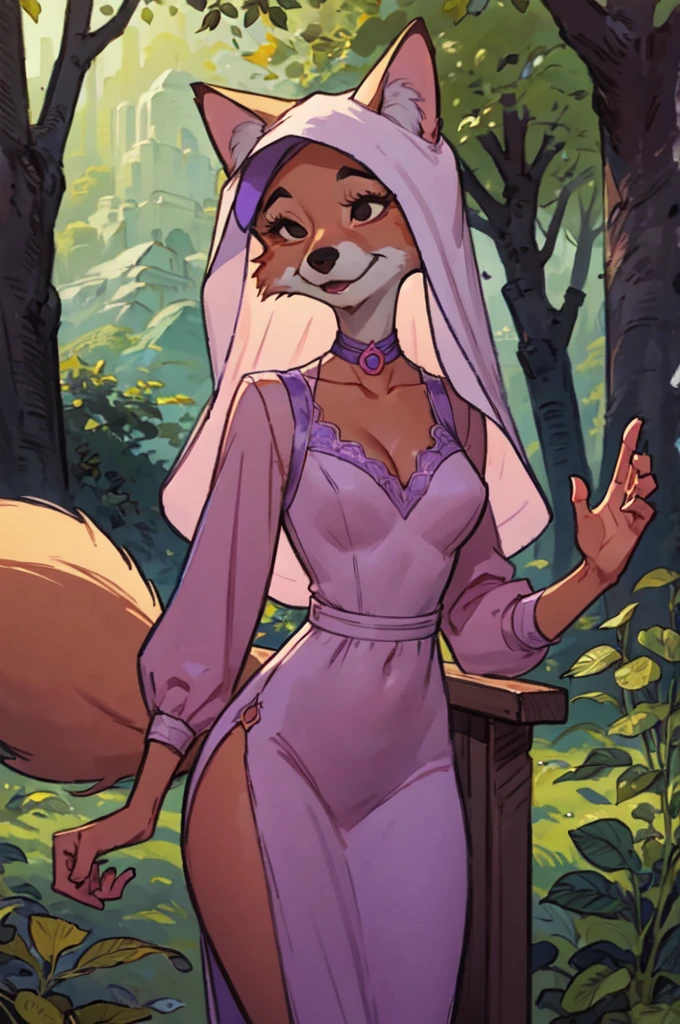 CARTOON_MaidMarian_ownwaifu, furry female fox, animal ears, black eyes, animal nose, orange fur, tail,veil,purple dress, long sleeves,choker, looking at viewer, serious, standing, outside, forest, natural lighting, high quality, masterpiece,  (satin lace cleavage), ((sexy))