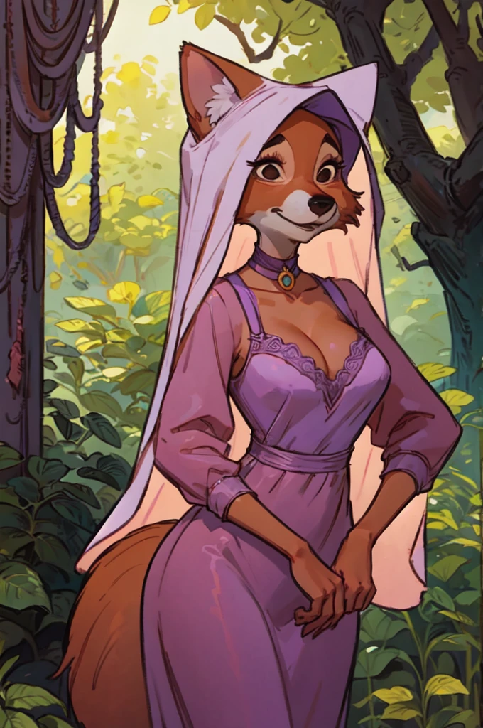 CARTOON_MaidMarian_ownwaifu, furry female fox, animal ears, black eyes, animal nose, orange fur, tail,veil,purple dress, long sleeves,choker, looking at viewer, serious, standing, outside, forest, natural lighting, high quality, masterpiece,  (satin lace nightie), ((sexy)), (deep cleavage), ((busty))