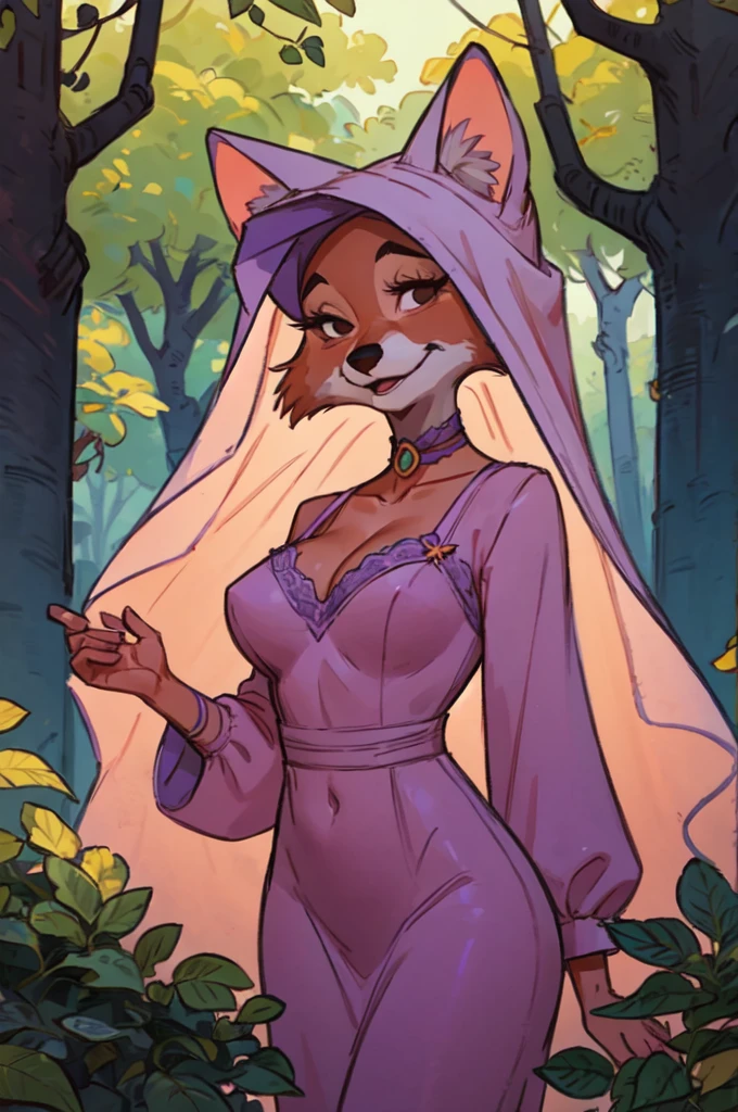 CARTOON_MaidMarian_ownwaifu, furry female fox, animal ears, black eyes, animal nose, orange fur, tail,veil,purple dress, long sleeves,choker, looking at viewer, serious, standing, outside, forest, natural lighting, high quality, masterpiece,  (satin lace nightie), ((sexy)), (deep cleavage), ((busty))