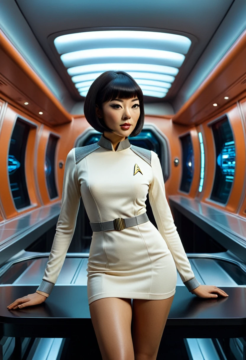 provocative, sexy, very sexy, flirtatious, arousing, revealing, sensuous, teasing ((wearing star trek original series 70s once piece mini dress bridge crew uniform)) (asian-european, half-asian crew member with bob haircut and slim figure) ((in the style of a retro-futuristic, retro-scifi film set) ((in the style of a 70s erotic movie, soft focus, cinematic, pulp, porn, retro porn, 1970s film) ((ultra realistic, detailed and dynamic)) (nikon d850 film 4 kodak portra 400 camera f1.6 lens, rich colors, hyper realistic, lifelike texture, dramatic lighting, cinestill 800 tungsten, (RAW photo, nikon, 8k, Super detailed, advanced details, intricate details, Super detailed), (award winning photo, masterpiece), (photo-realistic) ((anatomically correct, High precision human body, highly detailed face, realistic skin)) Lighting: Face lighting, Ray tracing, reflective light, Structurally correct)