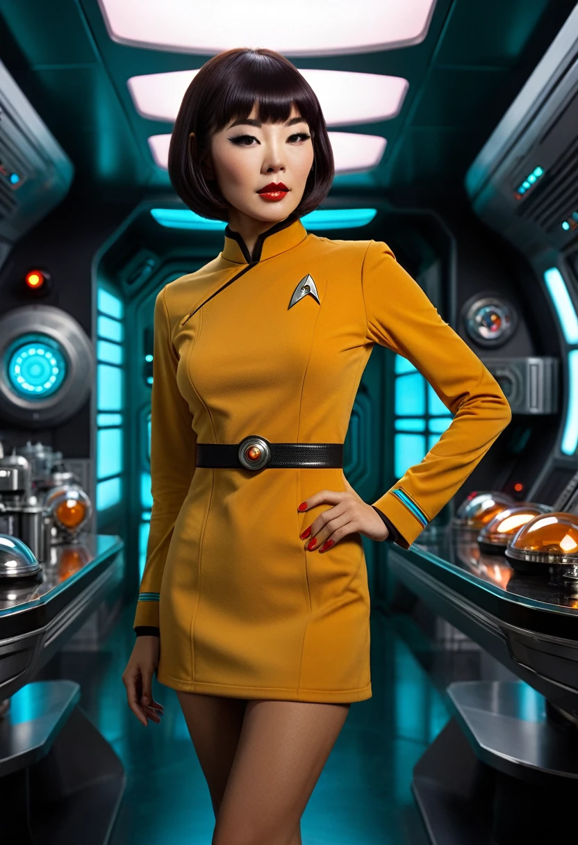 provocant, Sexy, very Sexy, coquette, éveiller, révélateur, sensuel, taquinerie ((porter une mini robe de la série originale Star Trek des années 70, un uniforme d&#39;équipage de pont)) (asiatique-européen, membre d&#39;équipage mi-asiatique avec coupe de cheveux au carré et silhouette mince) ((dans le style rétro-futuriste, plateau de tournage rétro-scifi) ((dans le style d&#39;un film érotique des années 70, mise au point douce, Cinématique, pulpe, porno, porno rétroo, film des années 1970) ((Ultra réaliste, détaillé et dynamique)) (Nikon d850 film 4 kodak portra 400 camera f1.6 lentilles, couleurs riches, hyper réaliste, texture réaliste, Éclairage dramatique, cinestill 800 tungstène, (photo brute, Nikon, 8k, Super détaillé, détails avancés, détails complexes, Super détaillé), (photo primée, chef-d&#39;œuvre), (photo-réaliste) ((Anatomiquement correct, Corps humain de haute précision, Visage très détaillé, Peau réaliste)) éclairage: Éclairage du visage, Tracé laser, lumière réfléchissante, structurellement correct)