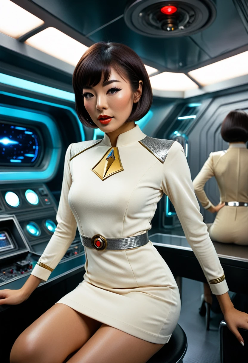 provocant, Sexy, very Sexy, coquette, éveiller, révélateur, sensuel, taquinerie ((porter une mini robe de la série originale Star Trek des années 70, un uniforme d&#39;équipage de pont)) (asiatique-européen, membre d&#39;équipage mi-asiatique avec coupe de cheveux au carré et silhouette mince) ((dans le style rétro-futuriste, plateau de tournage rétro-scifi) ((dans le style d&#39;un film érotique des années 70, mise au point douce, Cinématique, pulpe, porno, porno rétroo, film des années 1970) ((Ultra réaliste, détaillé et dynamique)) (Nikon d850 film 4 kodak portra 400 camera f1.6 lentilles, couleurs riches, hyper réaliste, texture réaliste, Éclairage dramatique, cinestill 800 tungstène, (photo brute, Nikon, 8k, Super détaillé, détails avancés, détails complexes, Super détaillé), (photo primée, chef-d&#39;œuvre), (photo-réaliste) ((Anatomiquement correct, Corps humain de haute précision, Visage très détaillé, Peau réaliste)) éclairage: Éclairage du visage, Tracé laser, lumière réfléchissante, structurellement correct)