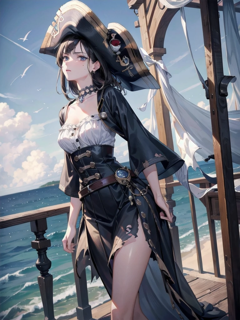 absurdres, RAW photo, extremely delicate and beautiful, masterpiece, Best Quality, ultra high resolution, 32k, hyperrealistic, ultra-detailed, delicate facial features, beautiful detailed woman, tearful mole, earring, medium breasts, full body shot, medium hair, black hair, (Practical pirate clothing), Long-sleeved pirate top, Skirt, torn pirate hat,