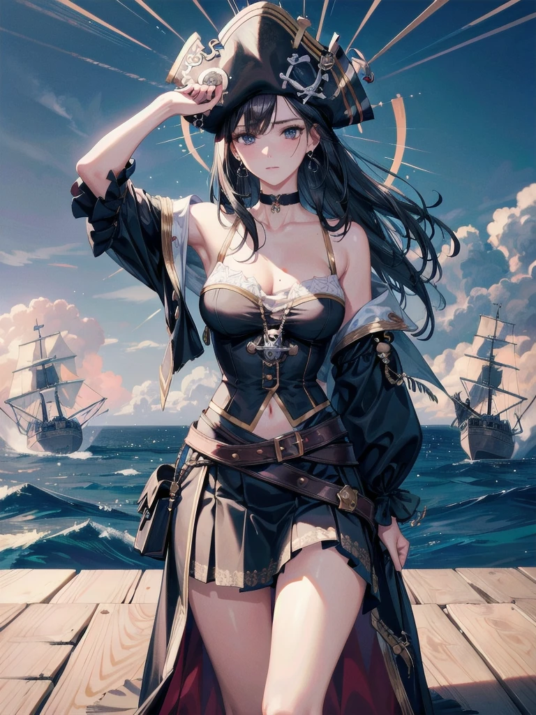 absurdres, RAW photo, extremely delicate and beautiful, masterpiece, Best Quality, ultra high resolution, 32k, hyperrealistic, ultra-detailed, delicate facial features, beautiful detailed woman, tearful mole, earring, medium breasts, full body shot, medium hair, black hair, (Practical pirate clothing), Long-sleeved pirate top, Skirt, torn pirate hat,