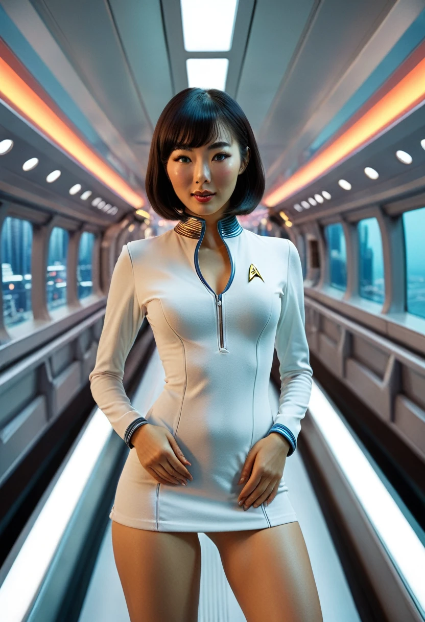 provocative, sexy, very sexy, flirtatious, arousing, revealing, sensuous, teasing ((ripped open uniform 1.4)) ((on the bridge of the enterprise 1.3) ((wearing star trek original series 70s one piece sexist sexy short mini dress bridge crew uniform ripped)) ((dress is too short 1.5))  (asian-european, half-asian crew member with bob haircut and slim figure) ((in the style of a retro-futuristic, retro-scifi film set) ((in the style of a 70s erotic movie, soft focus, cinematic, pulp, porn, retro porn, 1970s film) ((ultra realistic, detailed and dynamic)) (nikon d850 film 4 kodak portra 400 camera f1.6 lens, rich colors, hyper realistic, lifelike texture, dramatic lighting, cinestill 800 tungsten, (RAW photo, nikon, 8k, Super detailed, advanced details, intricate details, Super detailed), (award winning photo, masterpiece), (photo-realistic) ((anatomically correct, High precision human body, highly detailed face, realistic skin)) Lighting: Face lighting, Ray tracing, reflective light, Structurally correct)