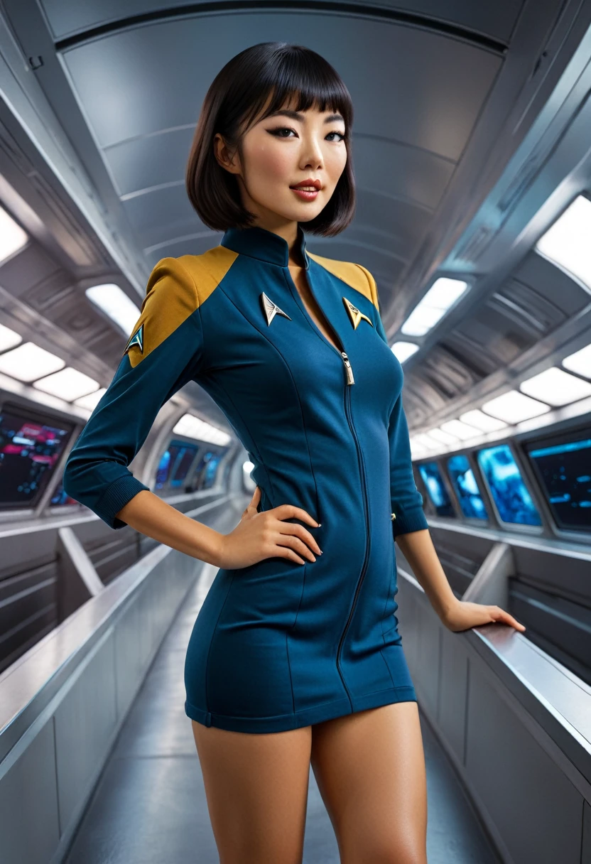 provocative, sexy, very sexy, flirtatious, arousing, revealing, sensuous, teasing ((ripped open uniform 1.4)) ((on the bridge of the enterprise 1.3) ((wearing star trek original series 70s one piece sexist sexy short mini dress bridge crew uniform ripped)) ((dress is too short 1.5))  (asian-european, half-asian crew member with bob haircut and slim figure) ((in the style of a retro-futuristic, retro-scifi film set) ((in the style of a 70s erotic movie, soft focus, cinematic, pulp, porn, retro porn, 1970s film) ((ultra realistic, detailed and dynamic)) (nikon d850 film 4 kodak portra 400 camera f1.6 lens, rich colors, hyper realistic, lifelike texture, dramatic lighting, cinestill 800 tungsten, (RAW photo, nikon, 8k, Super detailed, advanced details, intricate details, Super detailed), (award winning photo, masterpiece), (photo-realistic) ((anatomically correct, High precision human body, highly detailed face, realistic skin)) Lighting: Face lighting, Ray tracing, reflective light, Structurally correct)