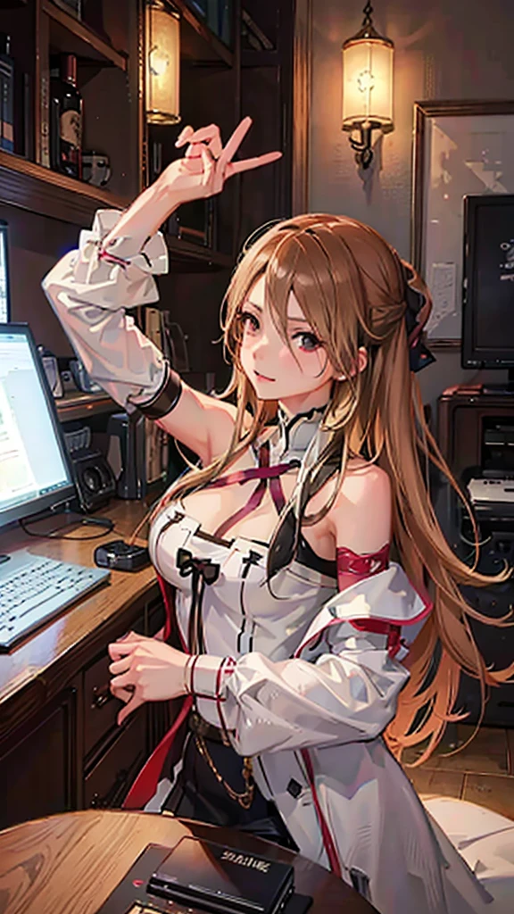 Sex, hentai, NFV, Extremely delicate skin, masterpiece, Best quality, very detailed face, Best Computer Graphics, Medium breasts, bare shoulders, dark burgundy eyes, long brown straight hair, slender body, sword art, Asuna