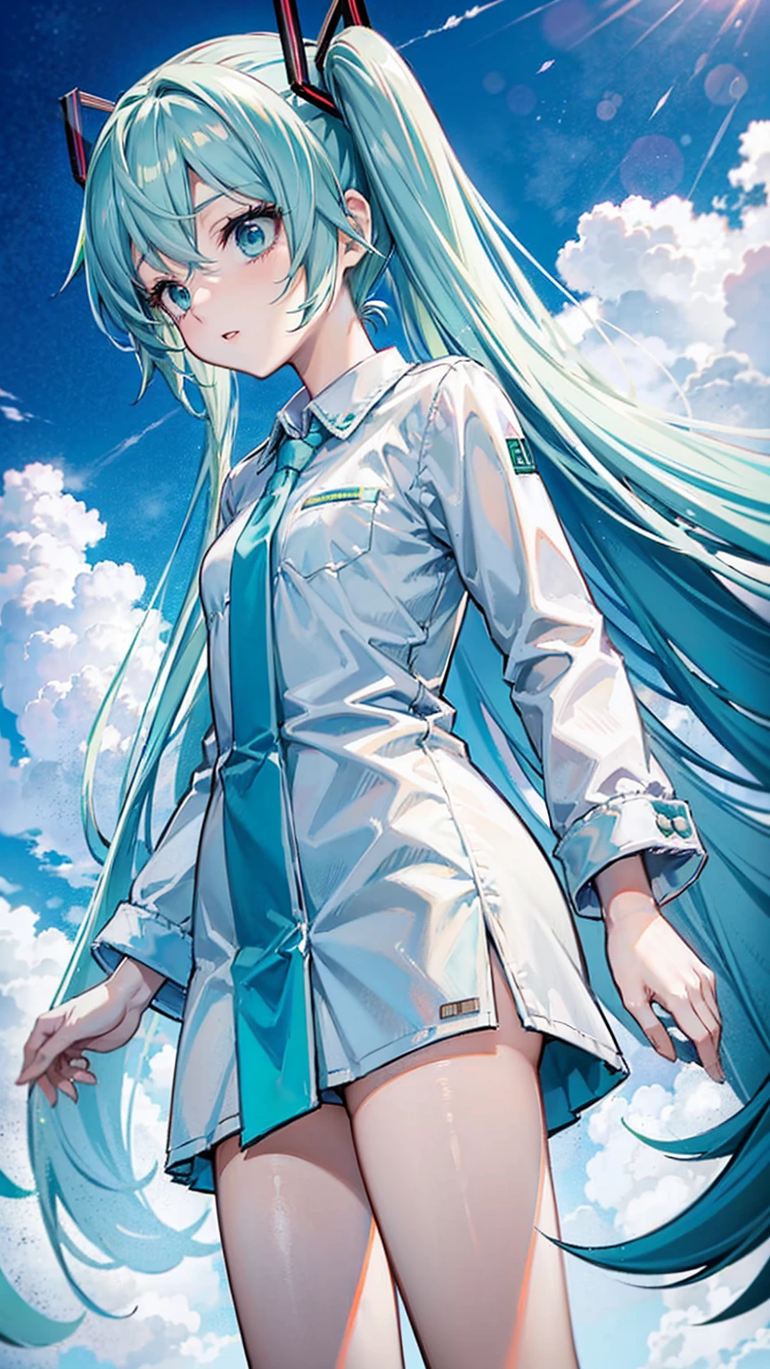 anime,low angle,in sky, surgery,upright,doctor,long straight hair,(((hip,wearing shirts,Horizontal Stripes,white and green:1:1))),hatsune miku,/(vocaloid/)