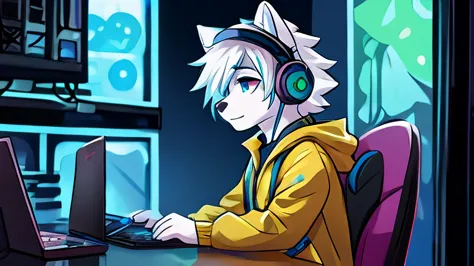 arctic fox, mascle, yellow jacket, moss green cap, the eyes, sitting on an economical chair, using gamer headphones, furry, fluf...