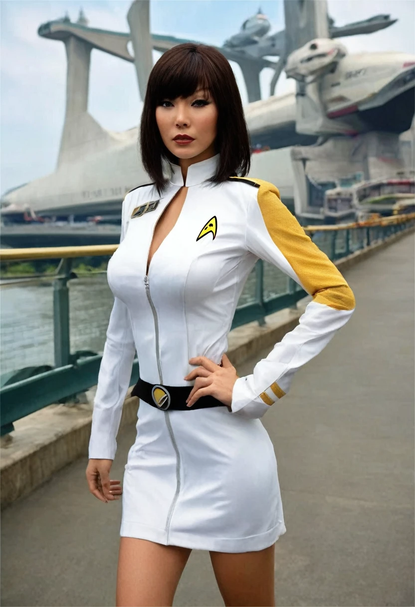 provocative, sexy, very sexy, flirtatious, arousing, revealing, sensuous, teasing ((torn open uniform revealing skin 1.4)) ((clutching her torn clothes to her breasts 1.5)) ((on the bridge of the enterprise 1.3) ((wearing star trek original series 70s one piece sexist sexy short mini dress bridge crew uniform ripped)) ((dress is too short 1.5)) (asian-european, half-asian crew member with bob haircut and slim figure) ((in the style of a retro-futuristic, retro-scifi film set) ((in the style of a 70s erotic movie, soft focus, cinematic, pulp, porn, retro porn, 1970s film)