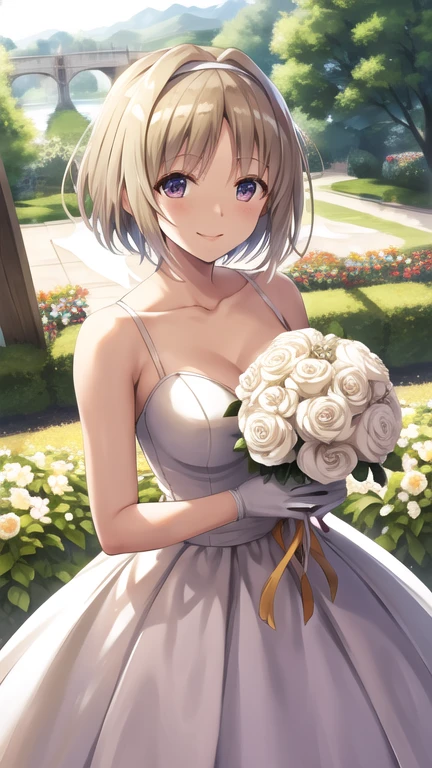 masterpiece, best quality, highres, aakikyo, short hair, hair intakes, white hairband, wedding dress, white dress, white gloves, bridal veil, holding bouquet, garden, confetti, smile, flower, cowboy shot