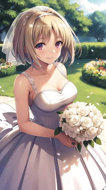 masterpiece, best quality, highres, aakikyo, short hair, hair intakes, white hairband, wedding dress, white dress, white gloves,...