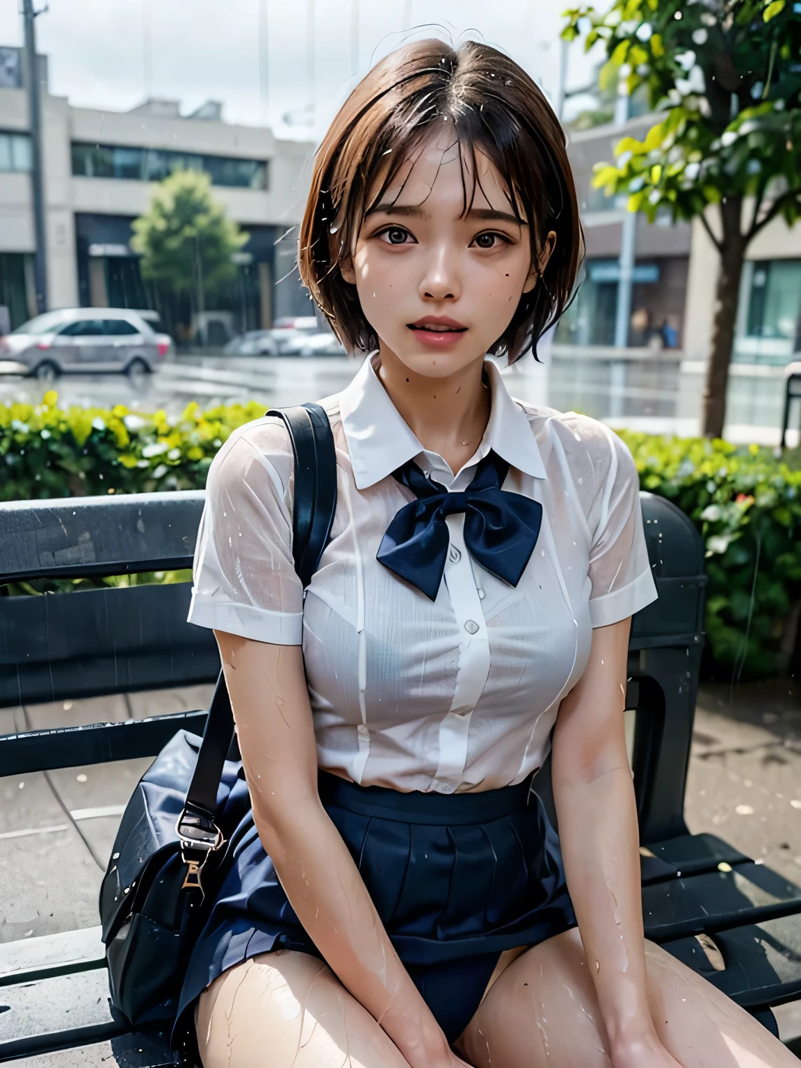 Very detailed CG Unity 8k wallpaper、Highest quality、Very detailed、masterpiece、reality、reality、((Park where it is raining:1.4))、Very detailedなかわいい女の子、16 years old、(Japan people in uniform)、((Photographed from the front:1.4))、((Shooting from a little below:1.4))、((Sitting on a park bench:1.4))、blush、Cleft lip、Looking at the audience、Semi Body Shot、(National High School Designated Shoes)、((Navy blue short pleated skirt:1.5))、((White short sleeve dress shirt for students:1.4))、((Navy blue panties:1.4))、((Dark blue bow tie:1.4))、(Short Hair Girl:1.7)、(Beautiful Face:1.3)、(perfect balance:1.2)、(Looking down and crying 1.2)、(Small breasts:1.3)、((Blouse wet in the rain:1.2))、(Bra is sheer)、(((Rain-soaked hair 1.2)))、((Upper Body))、reality、((School bag:1.4))、