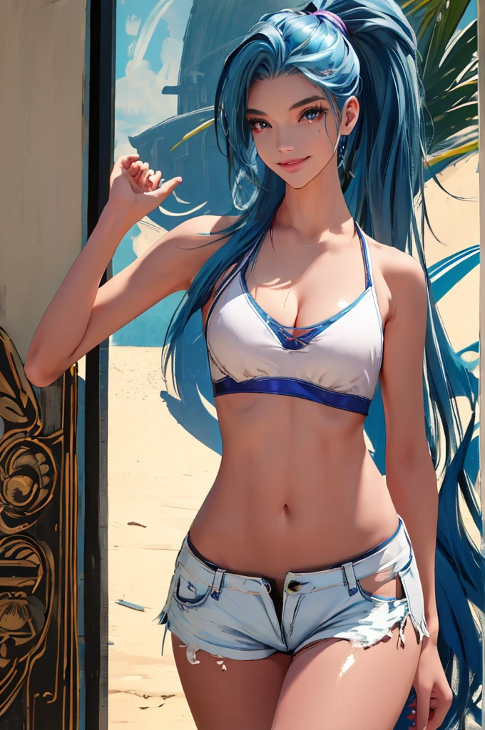 (best quality: 1.2), clean face, (masterpiece: 1.2, 8k) perfect anatomy, 1girl,a beautiful fashion model ,(masterpiece, official art, best quality ,long and shiny hair, blue hair with streaks in hair, long hair, full lips, slender body, slim body big breasts, looking at viewer, revealing outfit, absurdity, intricate details, dynamic pose, club, , wearing short shorts and a tight white top, cleavage, torn clothes, thong straps,  ponytail, coquettish expression, smile