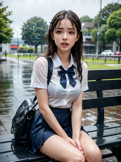 very detailed cg unity 8k wallpaper、highest quality、very detailed、masterpiece、reality、reality、((park where it is raining:1.4))、v...