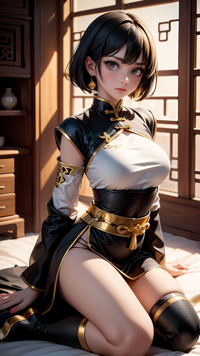 A very beautiful 19-year-old woman, (white hair:0.8), bob haircut, short hair, (yellow eyes:0.8) bright golden eyes, red nails, young beautiful face, muscular, slim but well-proportioned body, perfect white skin, highly detailed drawing, realistic face. (((Wearing traditional Chinese imperial clothes, black with gold decorations:0,3))) ((black clothing with gold details:0,3)) ((black robe with gold ornaments:0,3)) ((black dress with gold accents,)) ((red skirt with gold details:0,5)) (with red Hanafuda earrings:0,5) (garterbelt black thigh-high socks.) Kneeling on a white bed in an ancient Chinese room, with a full moon and stars visible through the window at night, with light flashes reflecting on her body. 4k anime art, perfect lighting.