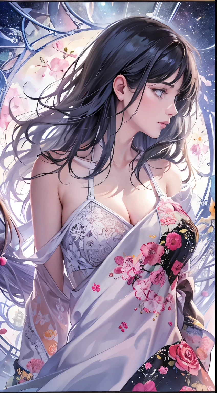 (masterpiece, top quality, best quality,watercolor (medium),official art, beautiful and aesthetic:1.2),(1girl:1.3), (fractal art:1.3), whole body, from 30-degrees angle, looking at viewer, patterns, silky hair ,water, liquid, cloud, short dress, starry, stars, sexy pose, red black and white, pastel colours