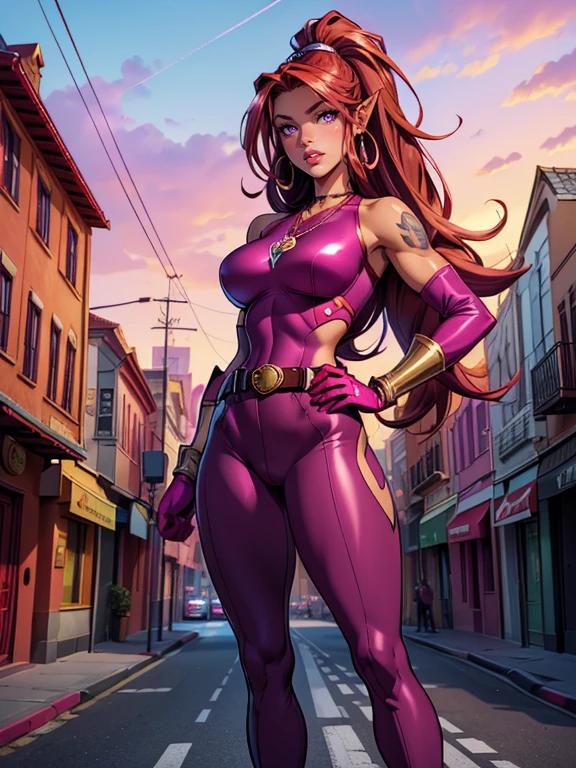 a caramel skinned superheroine, slim athletic body. She wears a dark red shirt and red leggings, lighter red highlights, thigh high boots, long gloves, ((gold belt)) with star shaped buckle, bare shoulders, necklace with star shaped pendant, red hoop earrings. (vibrant magenta hair:1.3), long hair, high ponytail, red highlights, purple eyes. (detailed eyes:1.2), (detailed face:1.3), smile, pink lips, pointed ears. City background. Full body image. Show her standing heroic pose, hands on her hips, (best quality,4k,highres:1.2), (detailed mouth and lips), (purple eyes, sharp eyes), round cheeks, purple tattoos on cheeks

