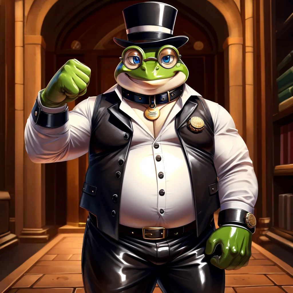 Solo, Male, fat, extremely obese, gentleman, dapper Professor Frog, blue eyes, (posing:1.3), (soft shading), 4k, hi res, ((detailed face, detailed)), looking at viewer, evil grin, steampunk, collared shirt with buttons, top hat, male focus, Explorer Outfit, glasses, monocle, bag, vest with buttons, backpack, sleeves rolled up, round eyewear, brown headwear, brown vest, Frog is wearing a glossy leather dog collar around the neck, Frog is wearing the leather collar and shirt and vest at the same time, Frog is wearing glossy white rubber gloves on the hands, wearing white rubber gloves on the feet, Frog is wearing glossy white cuffs around the wrists with cufflinks, gloves are rubber in texture, clenching teeth, clenching fists, leather collar is glossy and shiny with a lot of detail, Frog is wearing gloves and cuffs and cufflinks at the same time, leather collar has a round dog-tag, leather collar is thick and detailed.