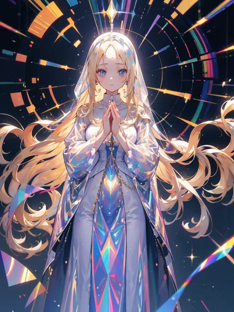 Mature woman, praying, light blue eyes, blonde hair, forehead, Long hair, plastic, Transparent clothes, ((holographic)), ((gas))