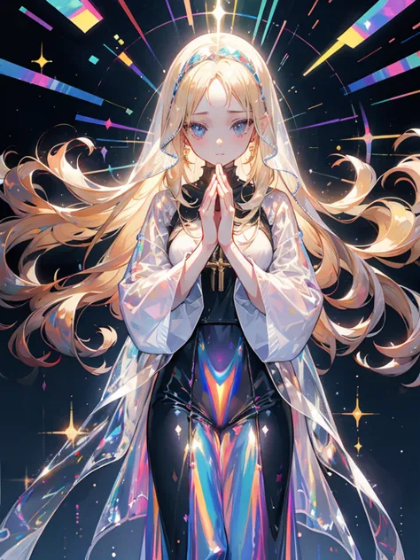 Mature woman, praying, light blue eyes, blonde hair, forehead, Long hair, plastic, Transparent clothes, ((holographic)), ((gas))