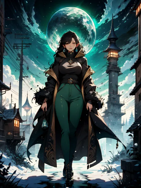 a woman in a black coat and green pants standing in the snow, detailed anime character art, Astri Lohne by Yang J., black-furred...