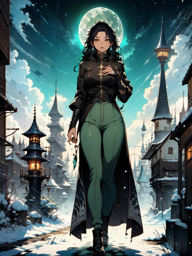 黒いコートと緑のズボンを着た女性が雪の中に立っている, 詳細なアニメキャラクターアート, Astri Lohne by Yang J., 黒毛の魔法使い, とても美しい女性バーサーカー, 原神インパクト 克清, アークナイツより, 絶妙なキャラクターアートと壮大な., artstation pixivでトレンド, 冬のコンセプトアート, 素晴らしいキャラクターアート, 女性アニメキャラクター, 緑色の肌色, エルフのような長い耳.