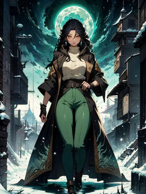 a woman in a black coat and green pants standing in the snow, detailed anime character art, Astri Lohne by Yang J., black-furred...