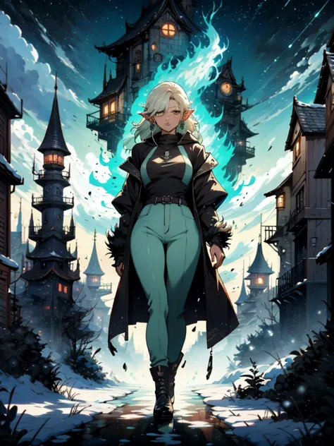 a woman in a black coat and green pants standing in the snow, detailed anime character art, Astri Lohne by Yang J., black-furred...