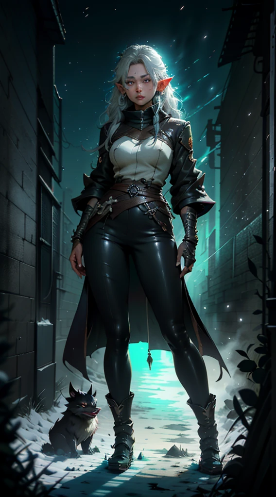 a woman in a black coat and green pants standing in the snow, Detailed anime character art, astri lohne, by Yang J., black fur wizard, A very beautiful Berserker woman, genshin impact keqing, de arknights, Exquisite and epic character art., trend on artstation pixiv, Winter concept art, awesome character art, female anime character, green skin tone, elongated ears like elf.