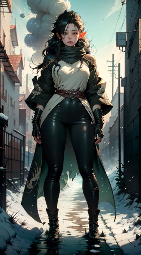 a woman in a black coat and green pants standing in the snow, Detailed anime character art, astri lohne, by Yang J., black fur w...