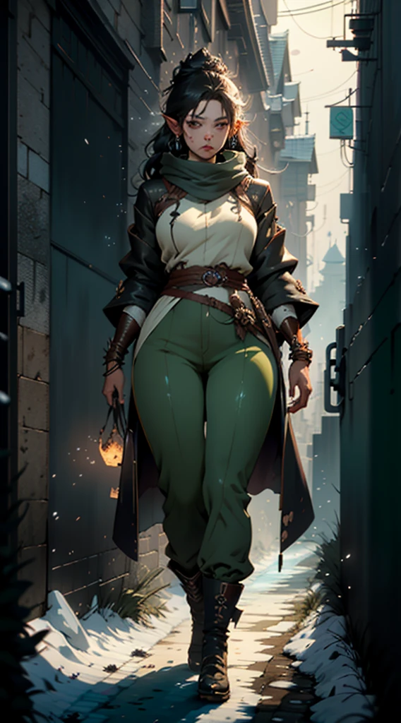 una mujer con un abrigo negro y pantalones verdes de pie en la nieve, arte detallado del personaje de anime, astri lohne, by Yang J., mago de piel negra, una mujer berserker muy hermosa, genshin impacto keqing, de Arknights, Arte de personajes exquisito y épico.., tendencia en ArtStation Pixiv, Arte conceptual de invierno, Impresionante arte de personajes, personaje de anime femenino, tono de piel verde, orejas alargadas como un elfo.