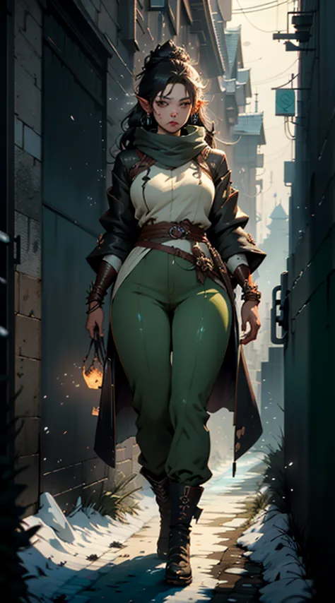 a woman in a black coat and green pants standing in the snow, Detailed anime character art, astri lohne, by Yang J., black fur w...