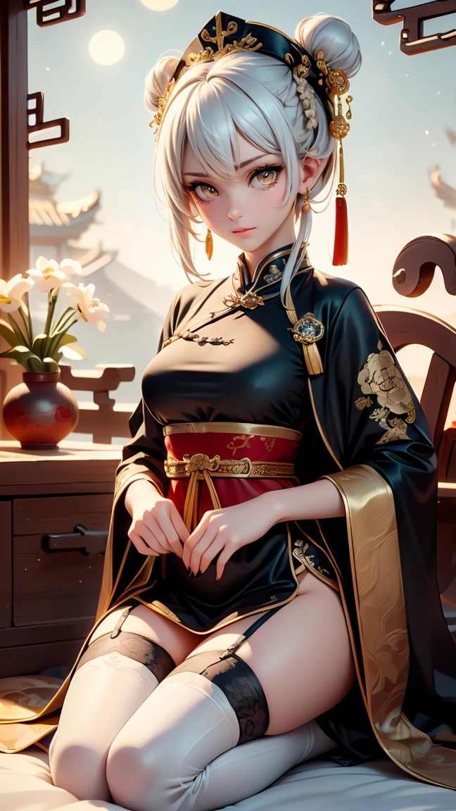 A very beautiful 19 year old woman, ((white  hair: 0,8)), bob haircut, shorth hair, ((yellow  eyes:1,2)) ((Glowing gold Eyes,)) red nails, young and beautiful face, brawny, slim body, but well proportioned, perfect white skin, high detailed drawing, lifelike face. (((Wearing traditional Chinese imperial clothing, black with gold decorations:0,8))) ((black clothes with gold details:0,3)) ((black cloak with golden decorations:0,3)) ((black dress with gold details,)) (((red skirt with gold details:1,2))) ((with red Hanafuda earrings:0,8)) ((black garter belt with thigh high stockings:0,3)) Kneeling on a white bed in an ancient Chinese room, with full moon and stars visible through the window at night, with flashes of light reflecting off your body. 4k anime art, perfect lighting.