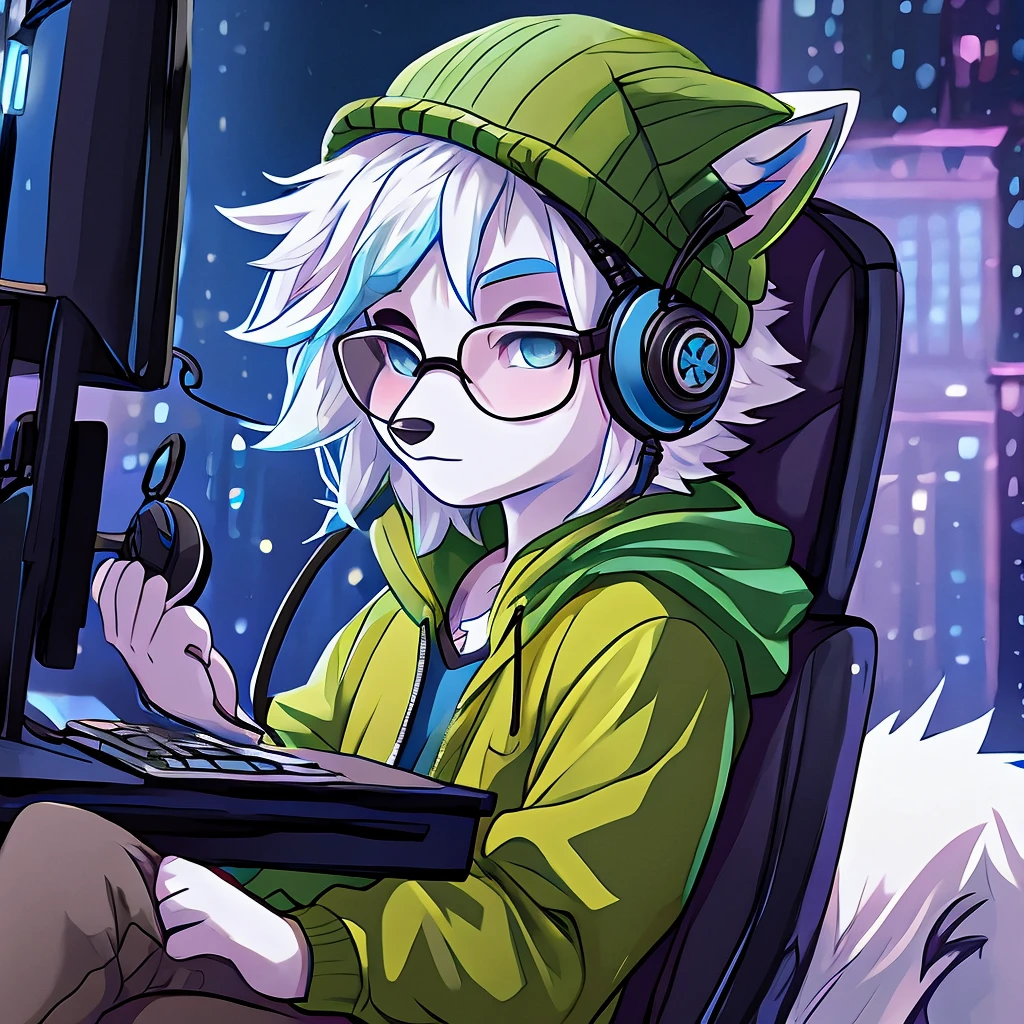 arctic fox, mascle, yellow jacket, moss green cap, wearing glasses, sitting on an economical chair, using gaming headphones, fluffly, white hair with light blue tips