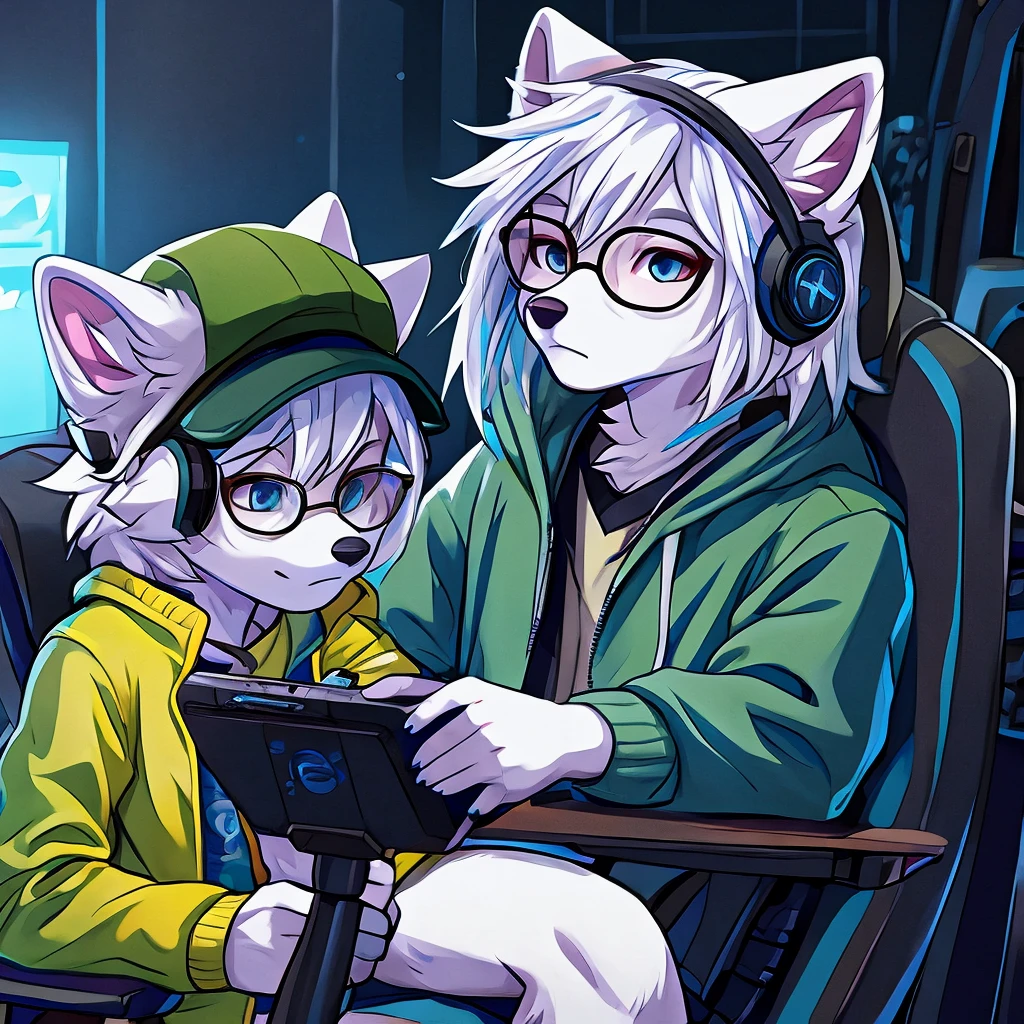 arctic fox, mascle, yellow jacket, moss green cap, wearing glasses, sitting on an economical chair, using gaming headphones, fluffly, white hair with light blue tips