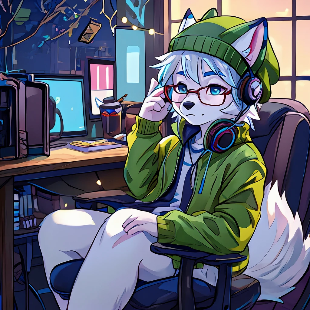 arctic fox, mascle, yellow jacket, moss green cap, wearing glasses, sitting on an economical chair, using gaming headphones, fluffly, white hair with light blue tips