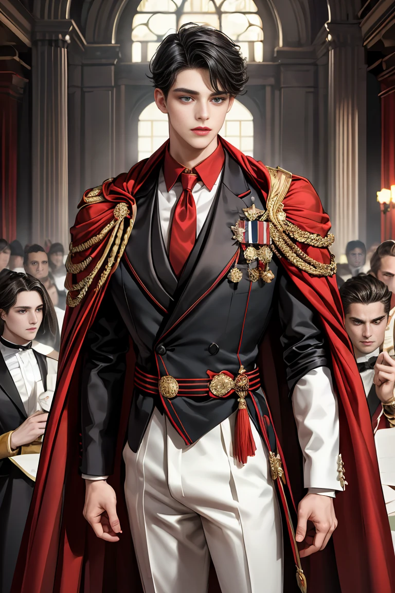 
masterpiece, 最high quality, high quality, 1 boy, alone, Male focus, Watching the audience,  Messy black hair, Adorable big blue eyes, White people, Noble, Noble,Sexy voluminous black and red cape、Tuxedo、A very voluminous, large, very large, very large, long, long red and black cape with a high stand-up collar, made of a lot of fabric that reaches down to the floor., 17 years old,Cute beautiful boys,Cute, cute, kind, handsome guy