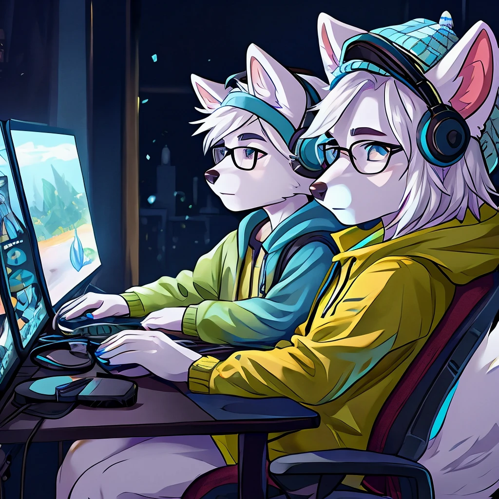 arctic fox, mascle, yellow jacket and moss green cap, wearing glasses, sitting on an economical chair, using gaming headphones, fluffly, white hair with light blue tips