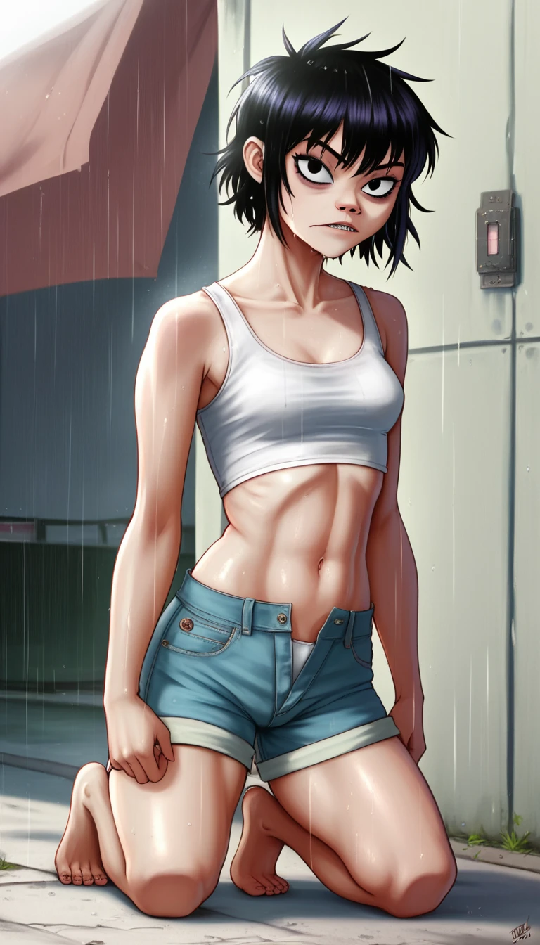 (masterpiece, best quality:1.2),  noodle (gorillaz), full-body shot ,black hair, 1girl, streaked hair, black eyes, multicolored hair, bangs, parted lips, breasts, small breasts, bob cut, White background, ((white unbuttoned crop-top, unbuttoned short shorts, barefoot)), masterpiece, best quality, absurdres, highres, 4k, ray tracing, perfect face, perfect eyes, intricate details, highly detailed, (best quality:1.33), (masterpiece:1.42),(semi realistic:1.3), (detailed:1.15),(skin details), Dappled Light, analog style (look at viewer), (skin texture), (realistic texture skin), cinematic light, side lighting, ultra high res, best shadow, RAW, (Dutch angle:1.1), lightroom, cinematic, hdr, raw, (intricate:1.4), high quality, soothing tones, intricate details, low contrast, extremely high quality RAW photograph, detailed background, intricate, Exquisite details and textures, highly detailed, ultra detailed photograph, warm lighting, 4k, sharp focus, high resolution, detailed skin, detailed eyes, 8k uhd, dslr, high quality, film grain, Fujifilm XT3, 
 Rainy Day: The diffused light and wet surfaces on a rainy day can create a moody and atmospheric environment, perfect for capturing reflections and street photography.,