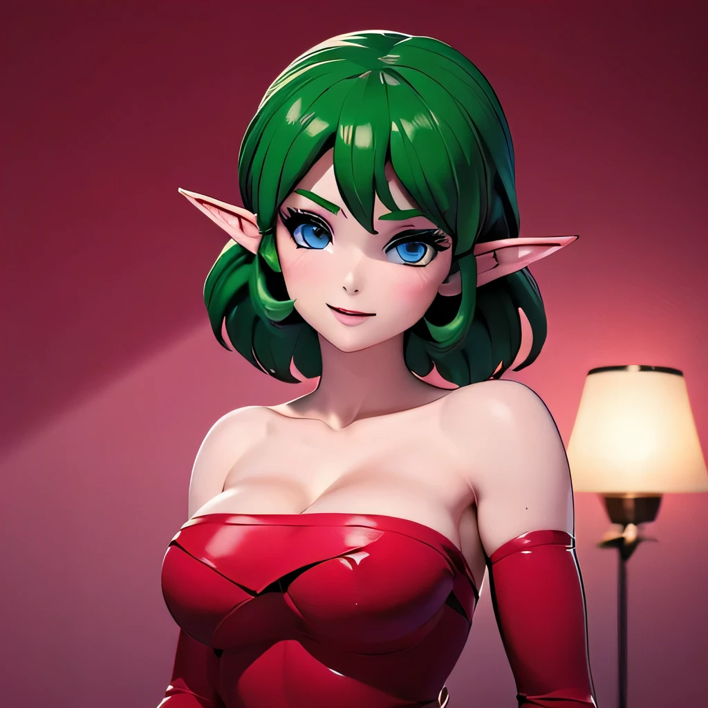  ((masterpiece,best quality,ultra-delicate,Perfect Face,16k,high resolution,very beautiful girl)),medium short green hair, seductive pose,Red strapless bodycon tube dress ,Red long arm sleeves,red high heels,Elf Girl,huge Breasts,blue eyes,Beautiful smile,20 years old