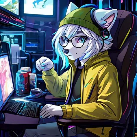arctic fox, mascle, yellow jacket, moss green cap, wearing glasses, sitting on an economical chair, using gaming headphones, flu...