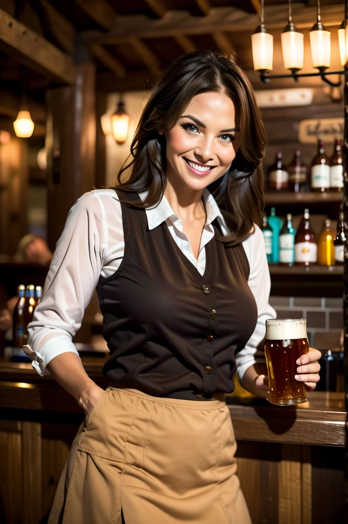 Una linda y enérgica humana de cabello castaño, dueña de un bar y aventurera retirada, con una sonrisa en la cara, ofrece una cerveza al mostrador a un cliente. Ella lleva una blusa que la cubre por completo y una falda de trabajo.