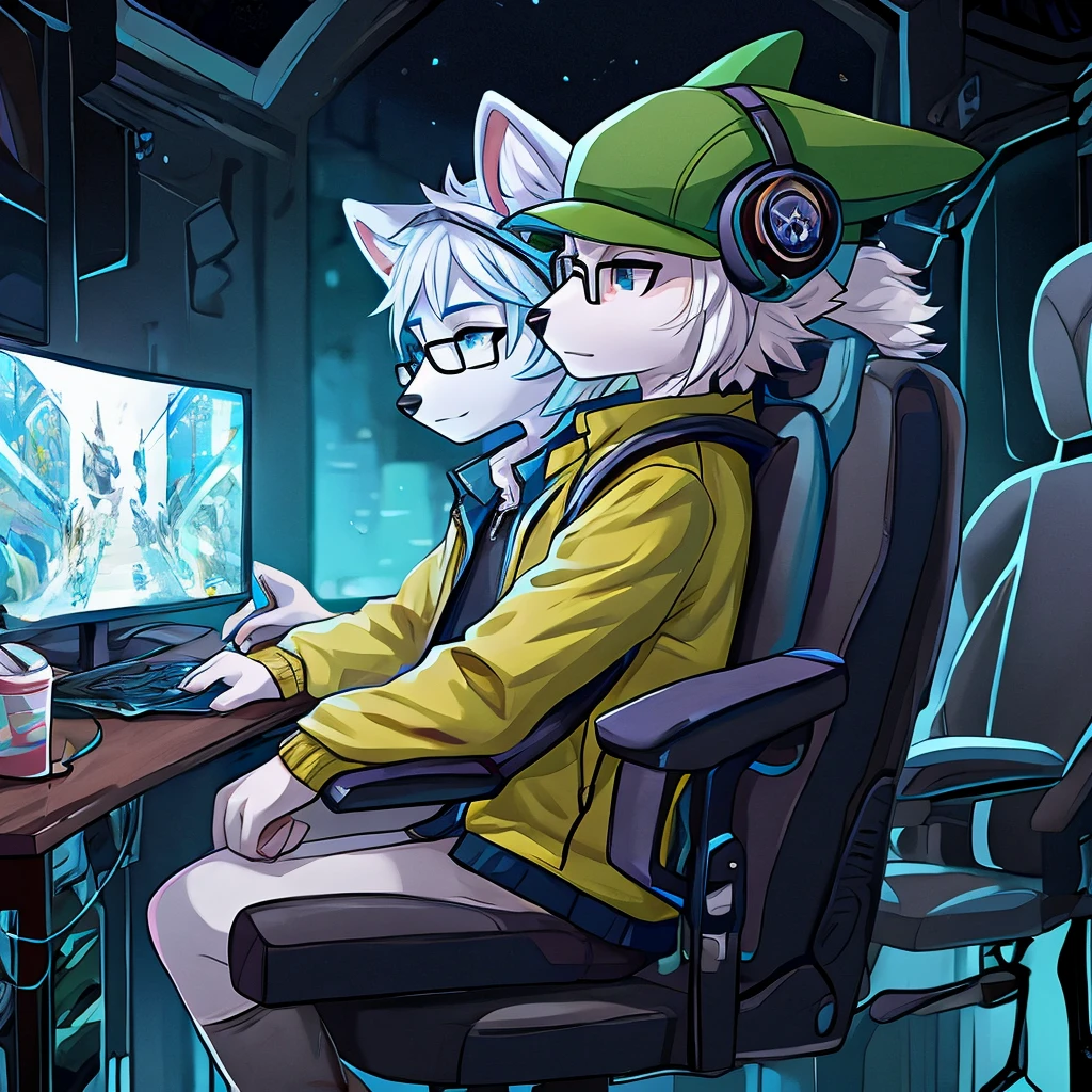 arctic fox, mascle, yellow jacket, moss green cap, wearing glasses, sitting on an economical chair, using gaming headphones, fluffly, white hair with light blue tips, gamer