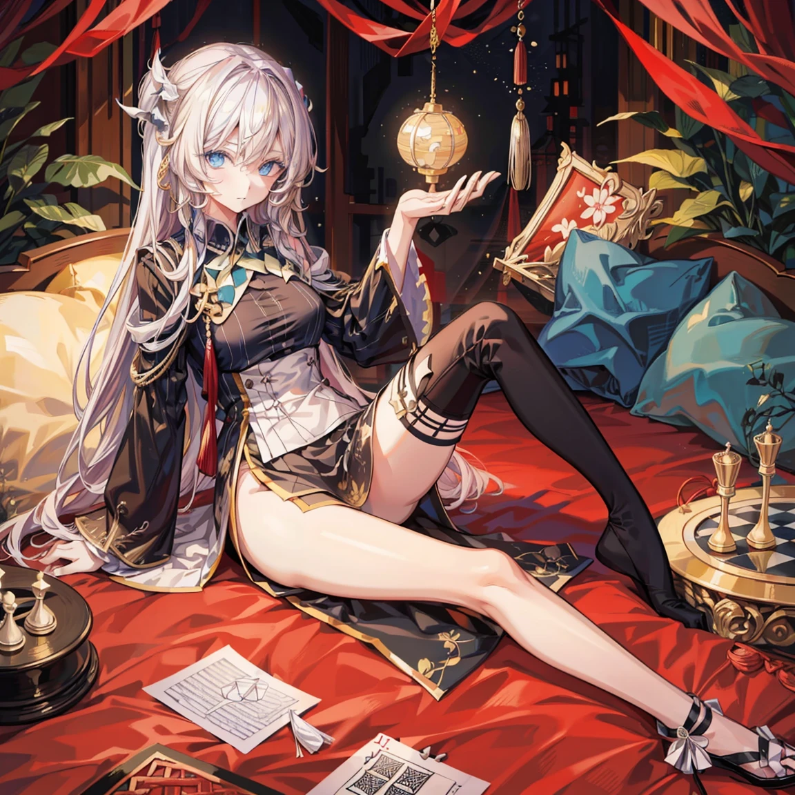  两个女孩下中国Chess，Eyes look at the chessboard，Official Art, Chinese Masterpiece Women&#39;s Clothing,, light blonde , Dark blue glasses、best quality、high resolution，Go，Chess，Chess and cards，atmosphere，Looking up，Dressed in a fancy costume，Long hair，think，Colorful story，vibrant light，Complex design，Oil painting of ribbon fluttering in the wind，至尊atmosphere，Sitting，，Play chess