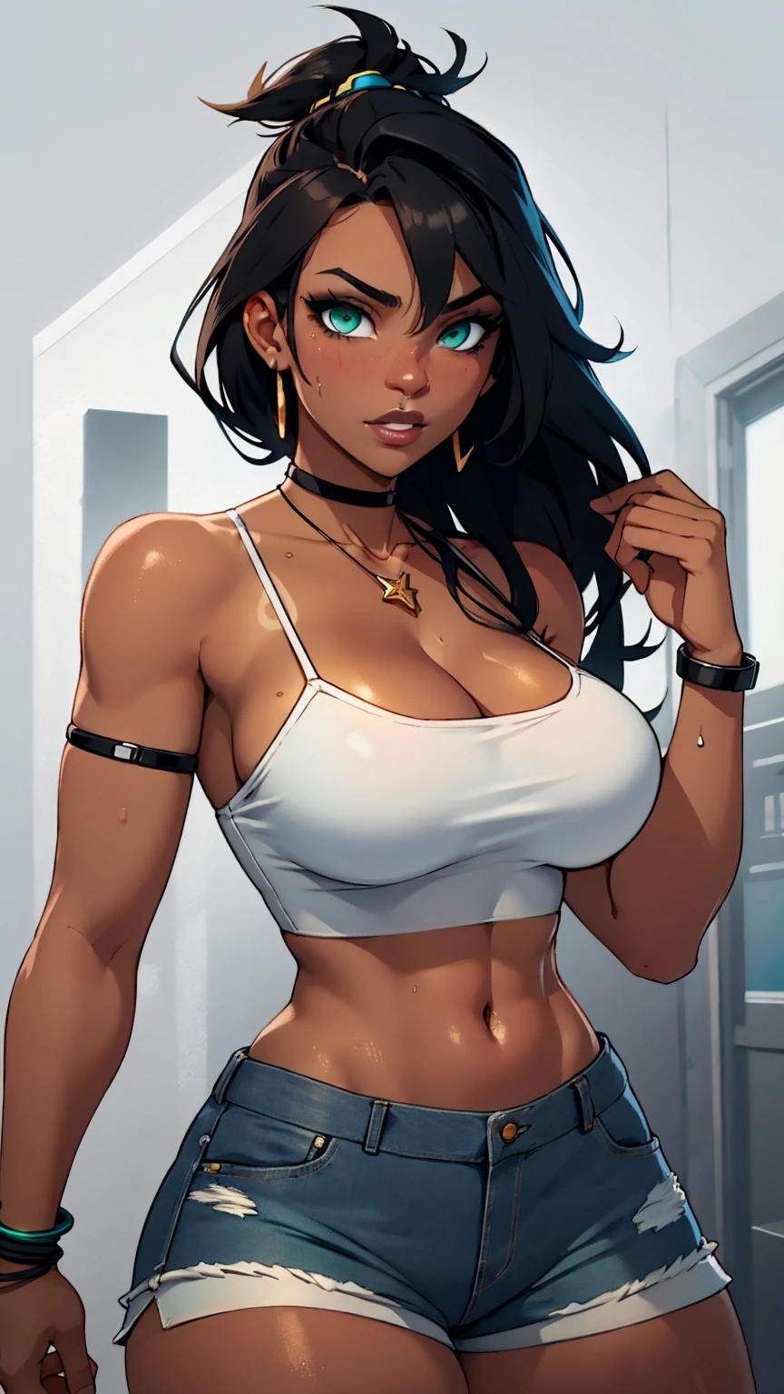 Woman, dark tan skin, sexy toned body, spaghetti strap crop top white, blue denim short shorts necklaces and braclets, thick breasts, long straight black hair, green eyes, sweaty,