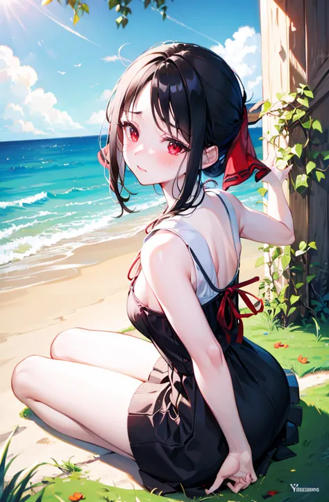 random pose、black hair、small breasts、random pose、red ribbon、pale red eyes、classroom、blushing、embarrassed expression、、